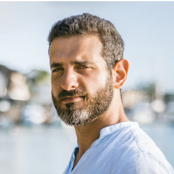 Bearded man in blue shirt